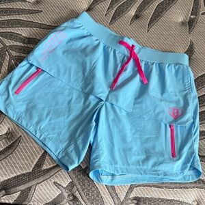 Baseball Lifestyle 101 Mens Turquoise Blue Athletic Shorts with Pink Accents